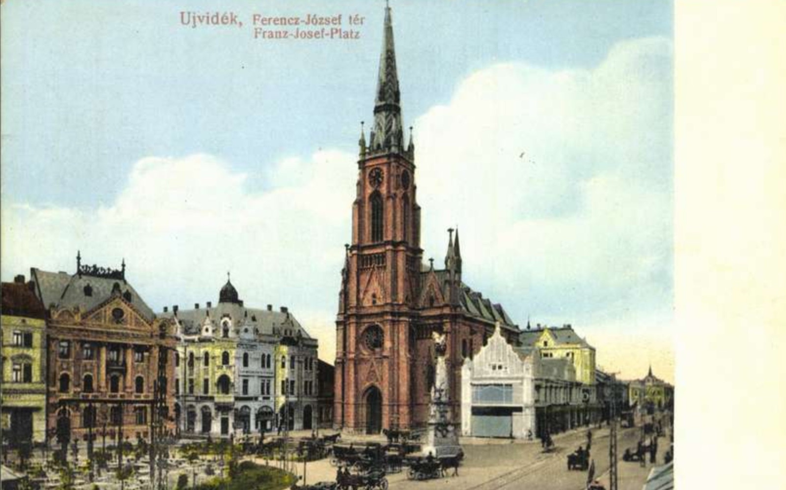 Franz-Joseph-Platz, Kutschen warten vor der Kirche, Mariä-Namen-Kirche, Neusatz, 1915