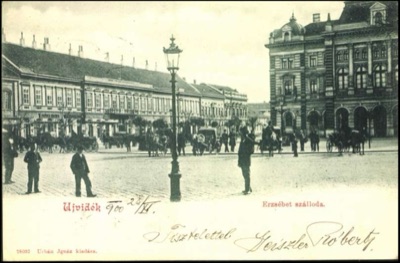 The Elizabeth Hotel and Town Hall, with a figure waving, Hotel Queen Mary, Novi Sad, by November 1900