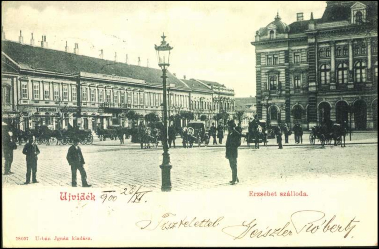 The Elizabeth Hotel and Town Hall, with a figure waving, Hotel Queen Mary, Novi Sad, by November 1900