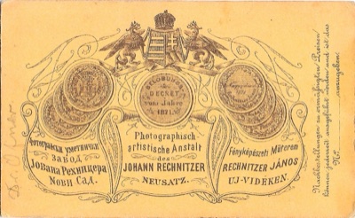 The Studio Card Back of Photographer Johann Rechnitzer, Novi Sad, 1871–1875