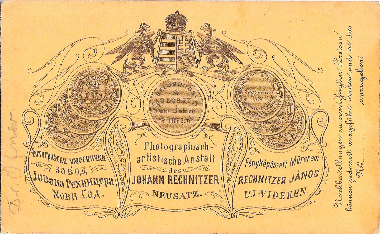 The Studio Card Back of Photographer Johann Rechnitzer, Novi Sad, 1871–1875
