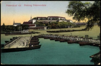 Petrovaradin fortress at dusk, with the pontoon bridge, 1896–1918