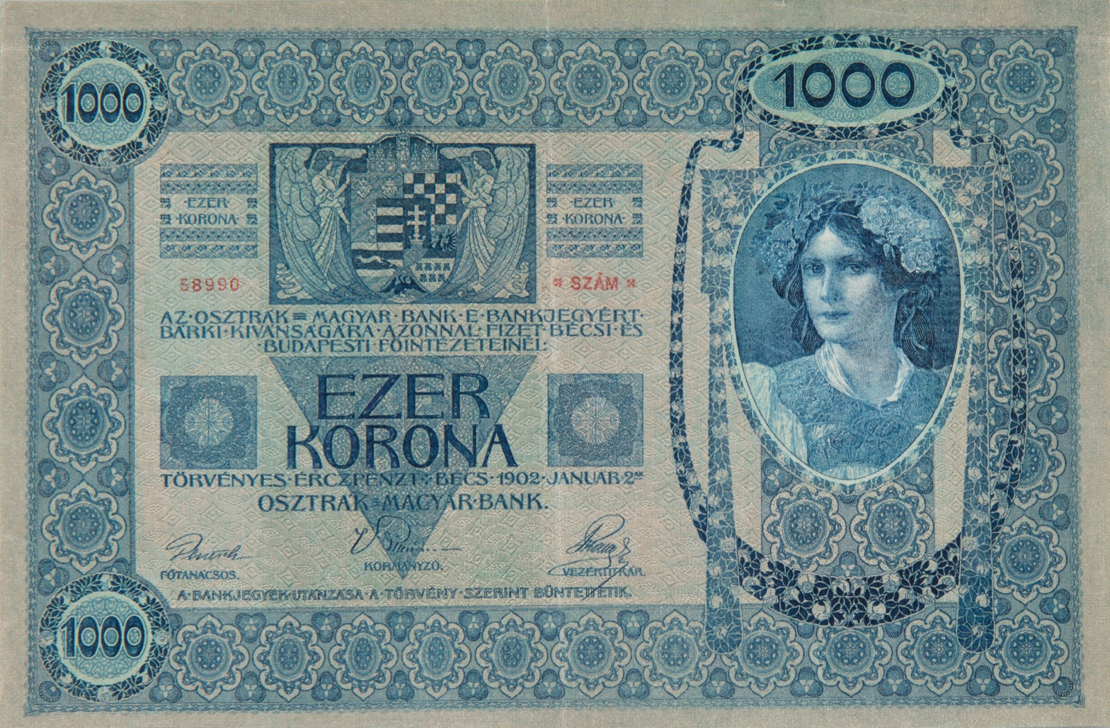 Hungarian side of the thousand-kronen note, 1902, Novi Sad