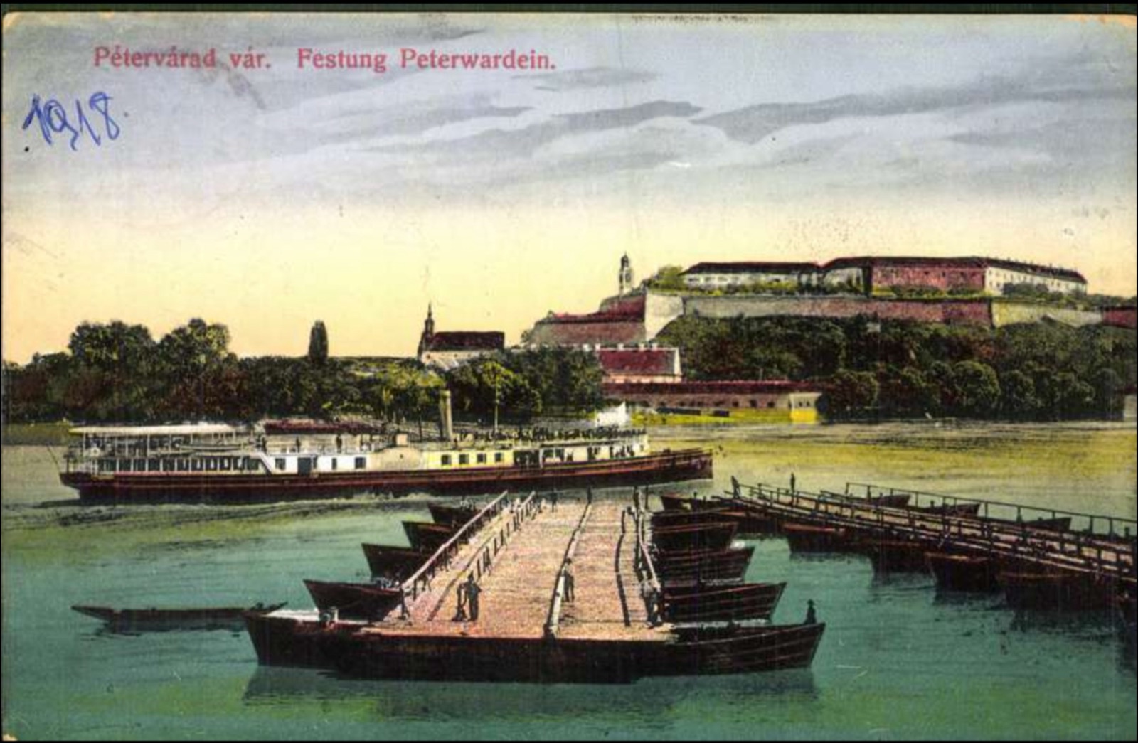Колёсный пароход и понтонный мост у Петроварадина, Нови-Сад, к апрелю 1918