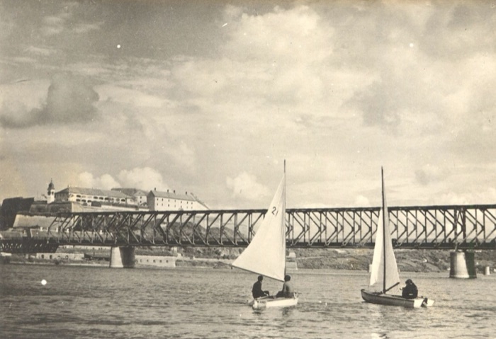 Dinghies sailing below the bridge, Marshal Tito Bridge, Novi Sad, 1950–1970