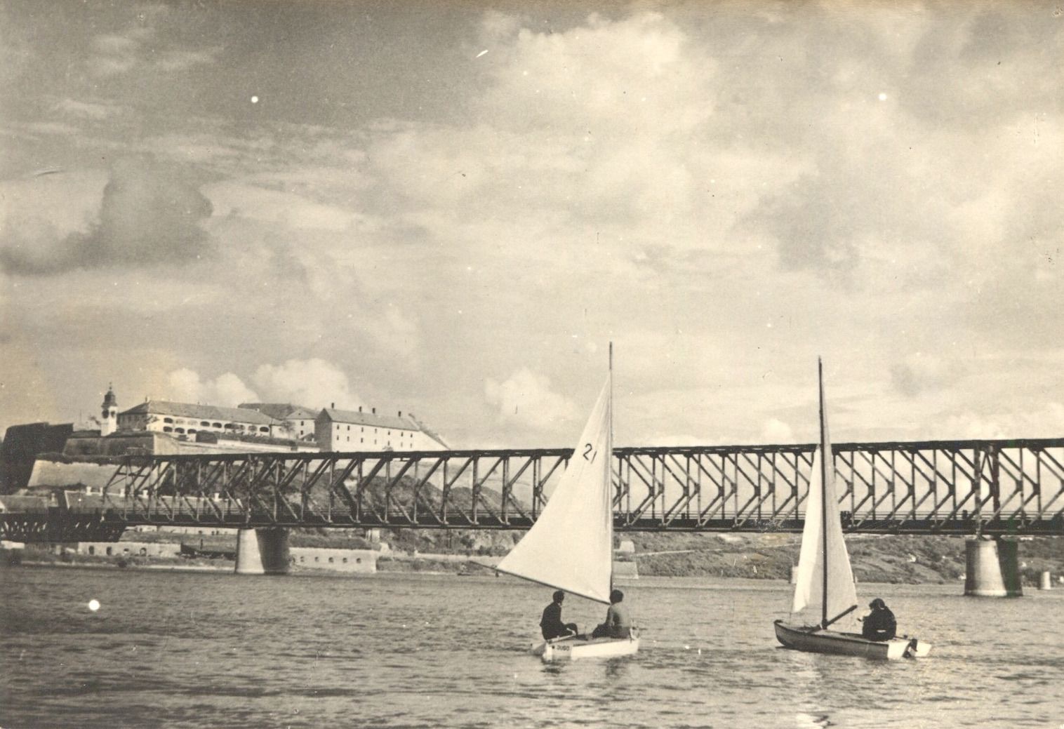 Dinghies sailing below the bridge, Marshal Tito Bridge, Novi Sad, 1950–1970