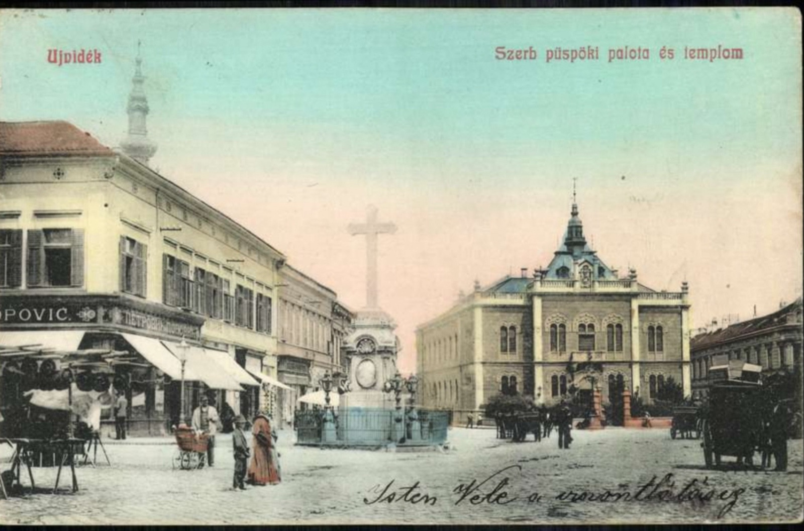 The Serbian Bishop's Palace, a Vendor by the Memorial Cross, Novi Sad, 1910.