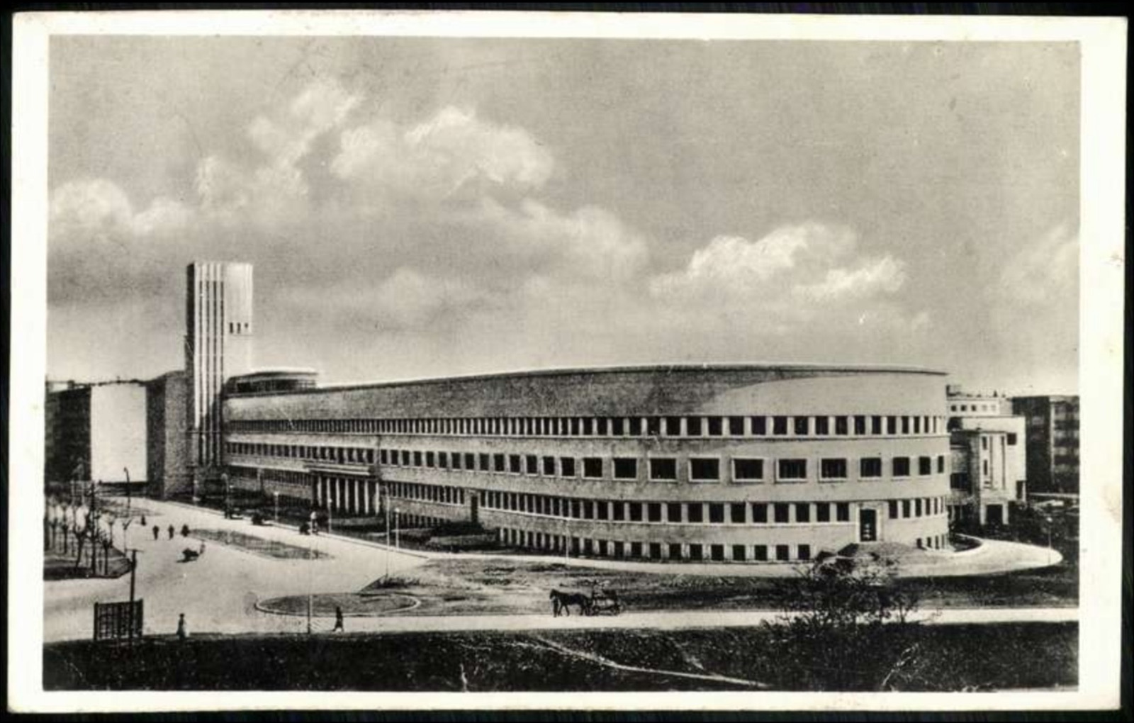 A Horse Cart Passes a Curved Modern Banovina Building, Novi Sad, Banovina Palace, 1919–1941