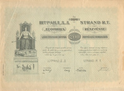 Štrand Company Share Certificate for Two Hundred Crowns, Štrand City Beach, Novi Sad, 31 July 1920