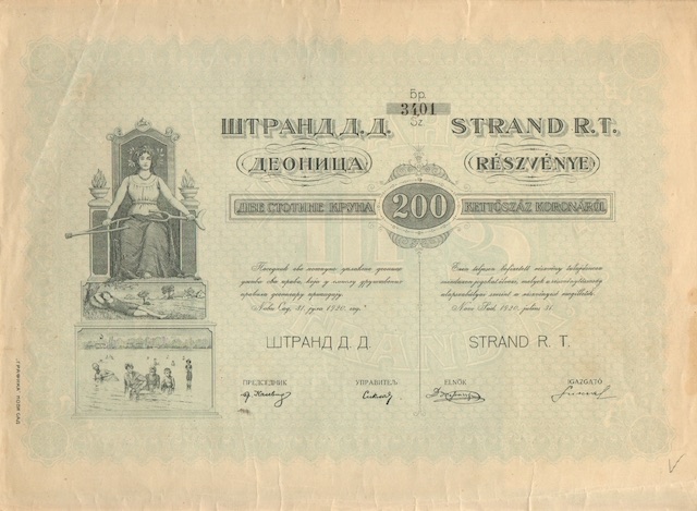 Štrand Company Share Certificate for Two Hundred Crowns, Štrand City Beach, Novi Sad, 31 July 1920