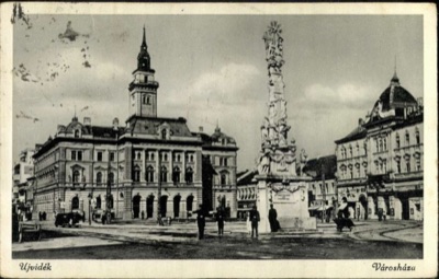 The Holy Trinity Column with Men Gathered at Its Base, 1941, Novi Sad