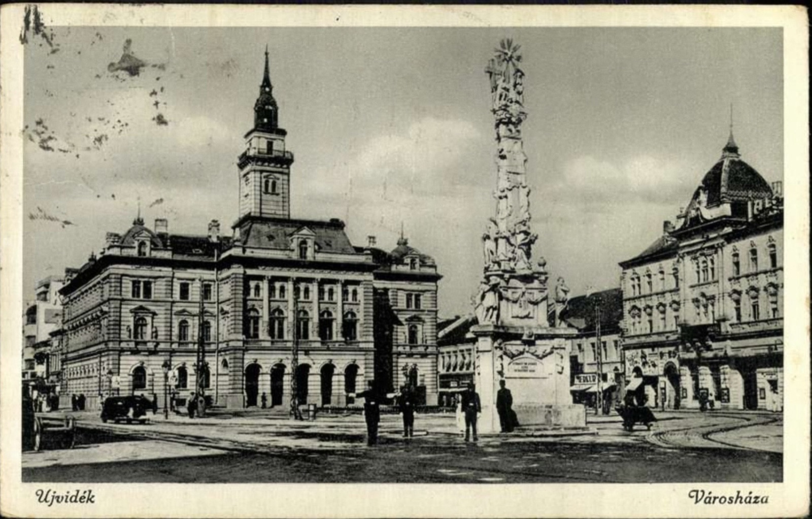The Holy Trinity Column with Men Gathered at Its Base, 1941, Novi Sad