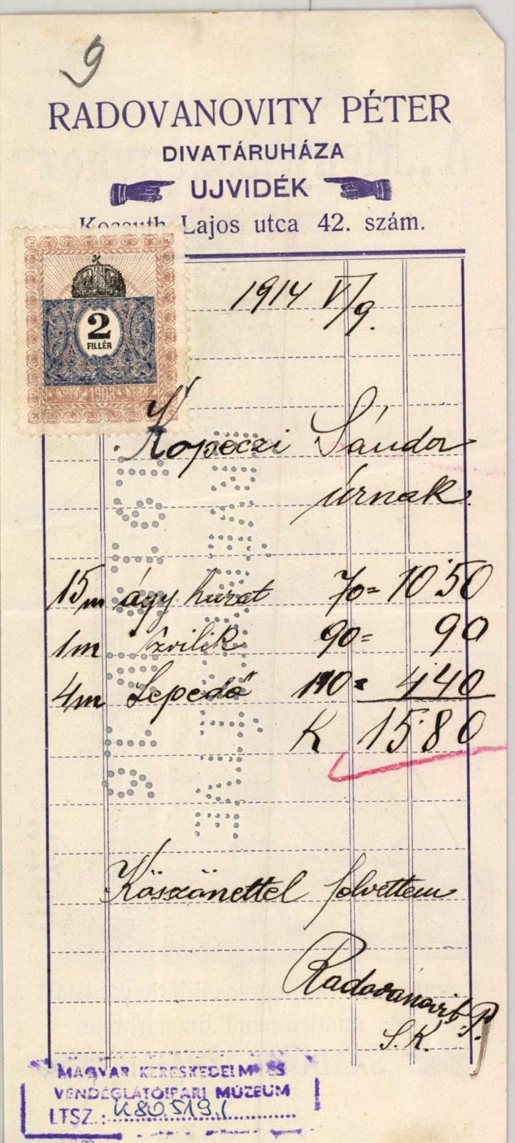 Radovanović Peter Fashion House Invoice, Novi Sad, 9 May 1914, Kossuth Lajos utca 42, Ujvidek