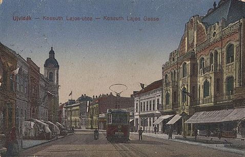 A tram past the ornate new block, Zmaj Jovina Street, Novi Sad, 1912