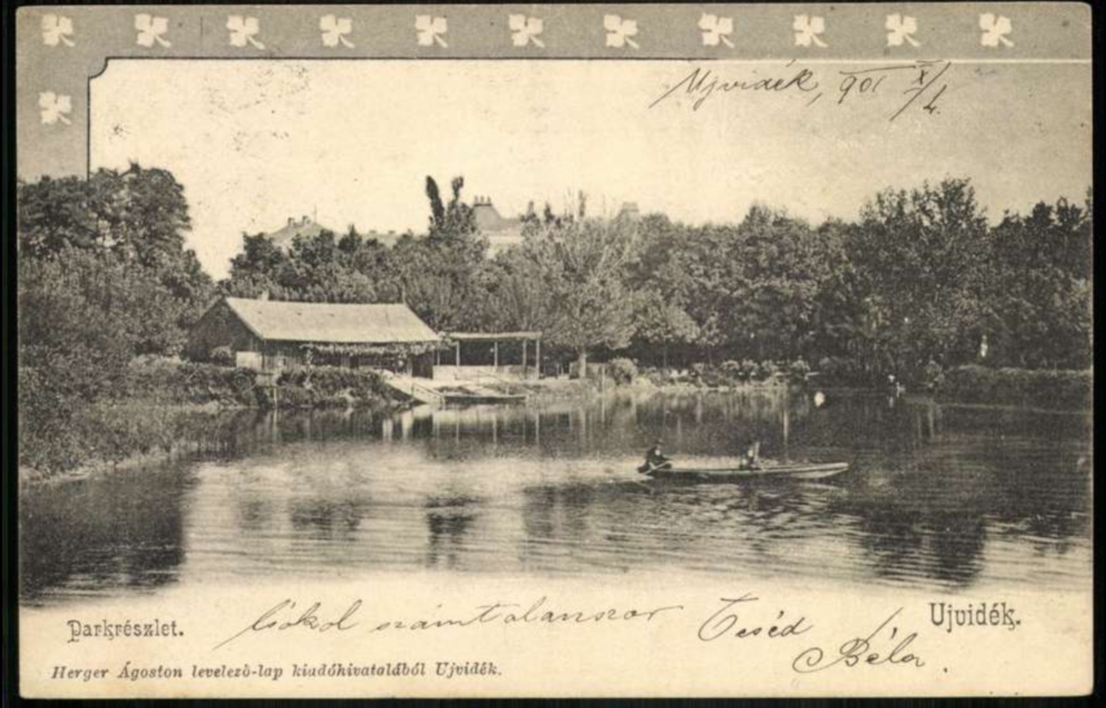 A lake in the park, with a rowing boat, Danube Park, Novi Sad, by October 1901