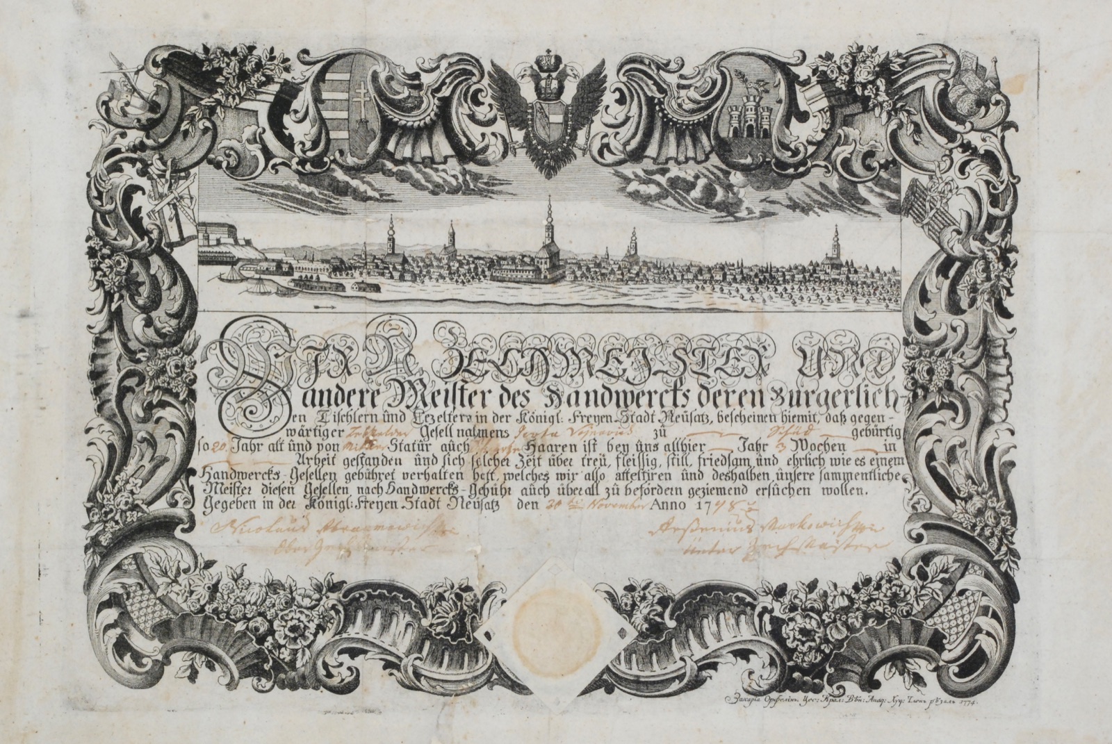 Еснафско писмо које је изгравирао Захарије Орфелин, 1778, Нови Сад, 1774–1778