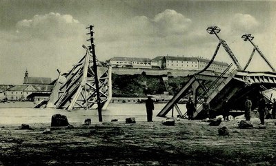Onlookers by the Wrecked Prince Tomislav Bridge, Lamp Pylons Still Standing, Novi Sad, 1941