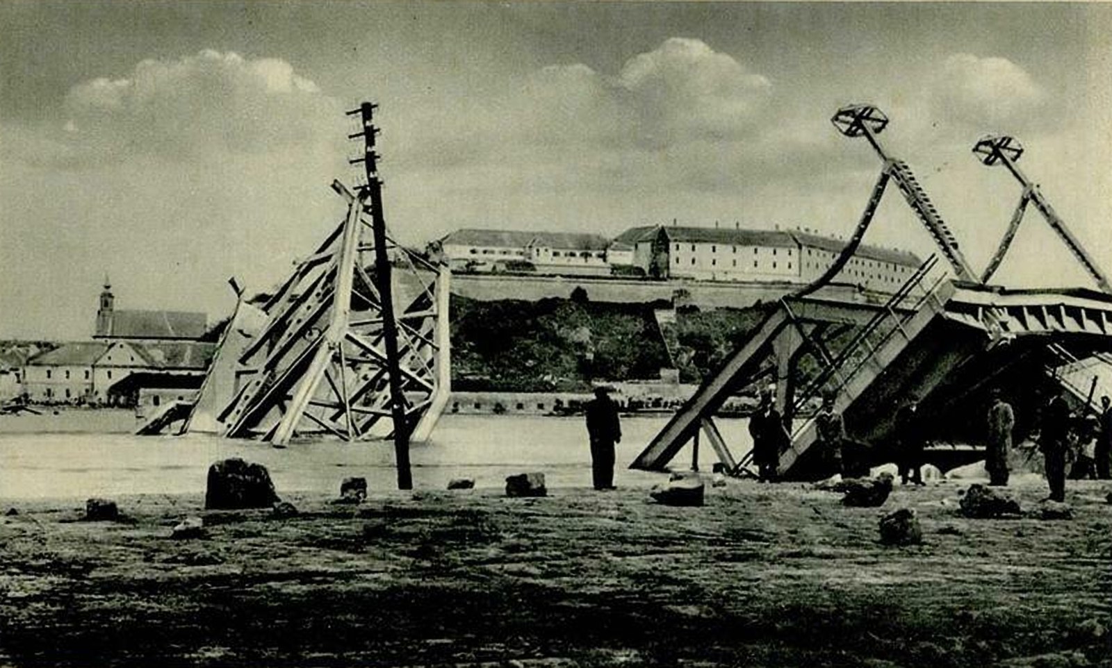 Onlookers by the Wrecked Prince Tomislav Bridge, Lamp Pylons Still Standing, Novi Sad, 1941