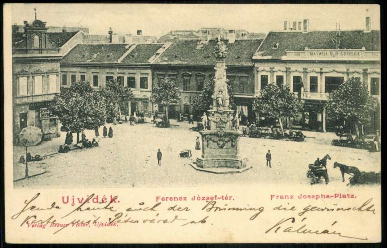 Franz Joseph Square, the Grand Hotel Mayer and the savings bank, Novi Sad, by April 1902