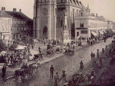 The Cathedral of the Name of Mary and the Eugen Stein shop corner, Liberty Square, Novi Sad, 1900