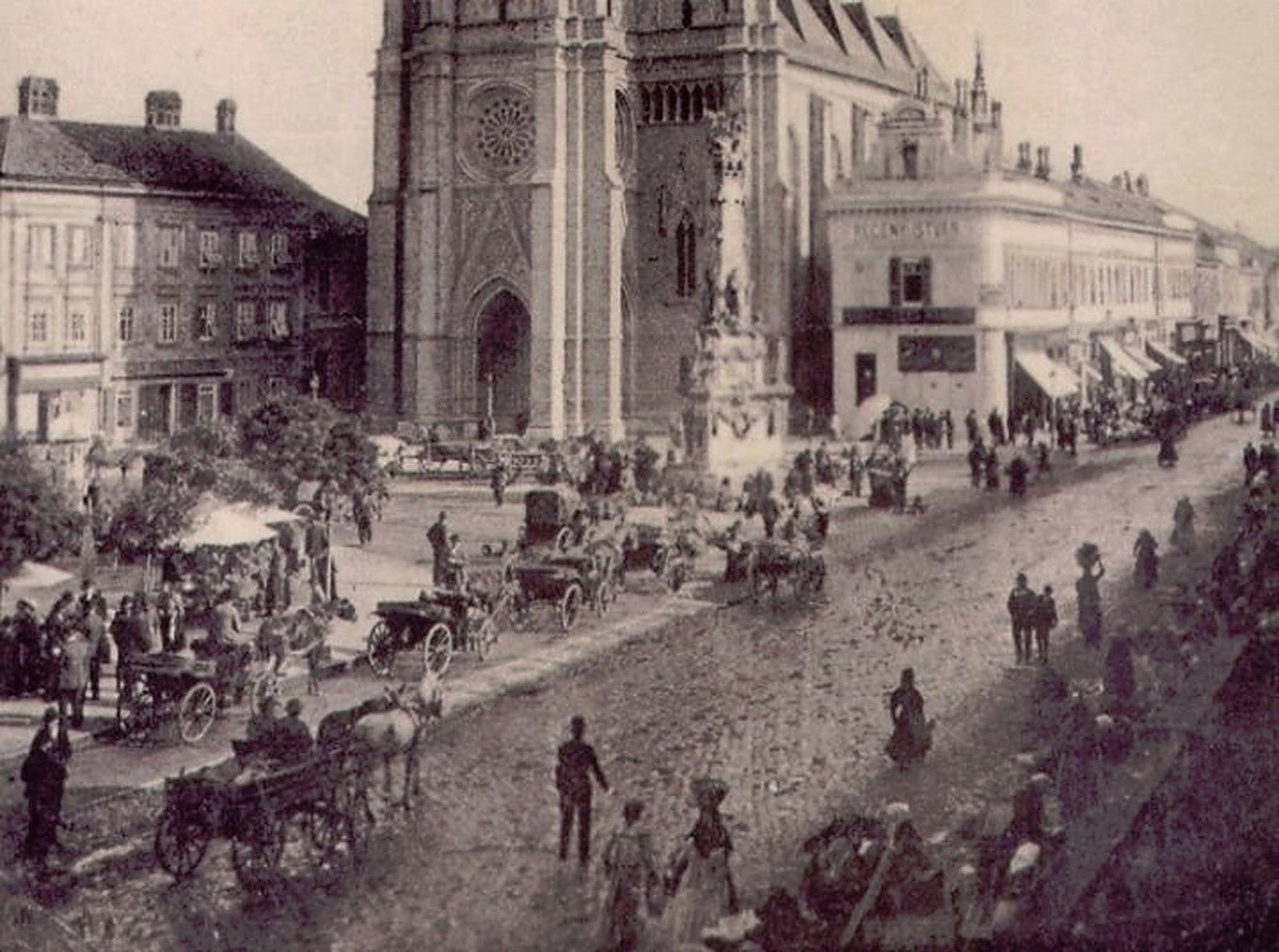 Die Kirche Mariä Namen und die Ladenecke Eugen Stein, Freiheitsplatz, Neusatz, 1900