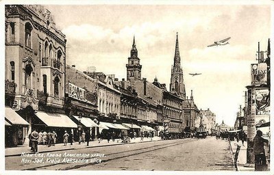 Aeroplanes above the shop awnings, Kralja Aleksandra Street, Novi Sad, 1932
