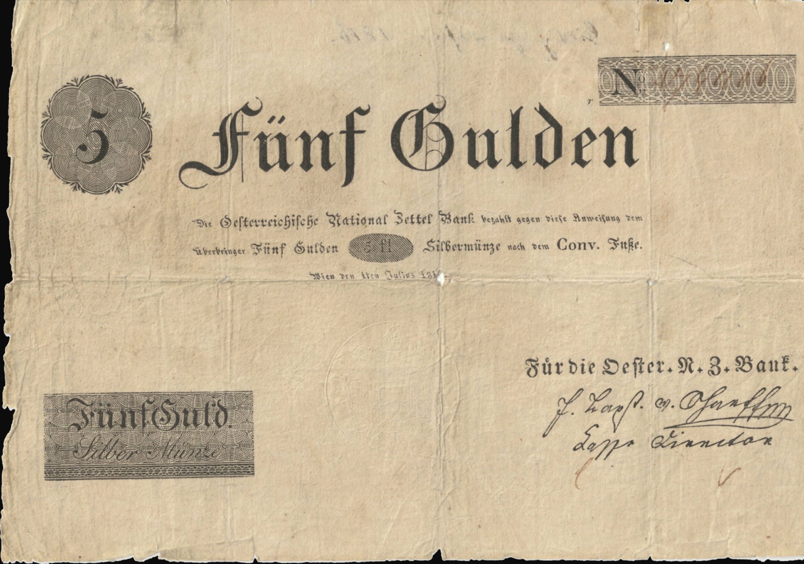 Новчаница од пет гулдена нове Народне банке, Беч, 1816, Нови Сад