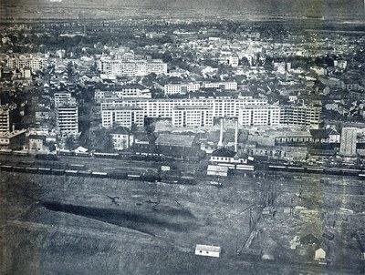Aerial view of high rise apartment blocks beside the rail yard, The Old Railway Station, Novi Sad, 1946–1990