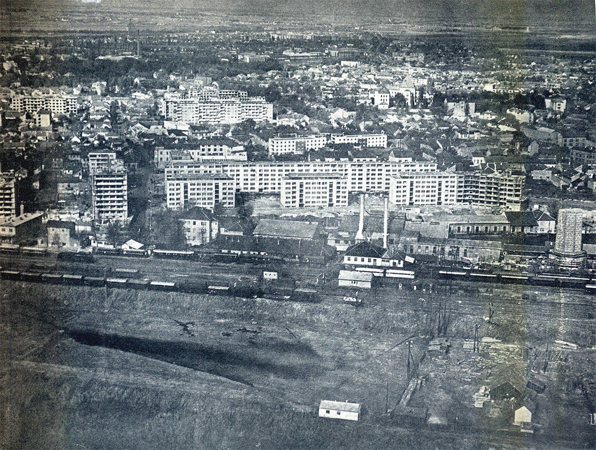 Aerial view of high rise apartment blocks beside the rail yard, The Old Railway Station, Novi Sad, 1946–1990