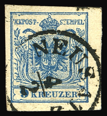 Nine-kreuzer stamp of 1850 with a Neusatz postmark, Novi Sad, 1854–1858