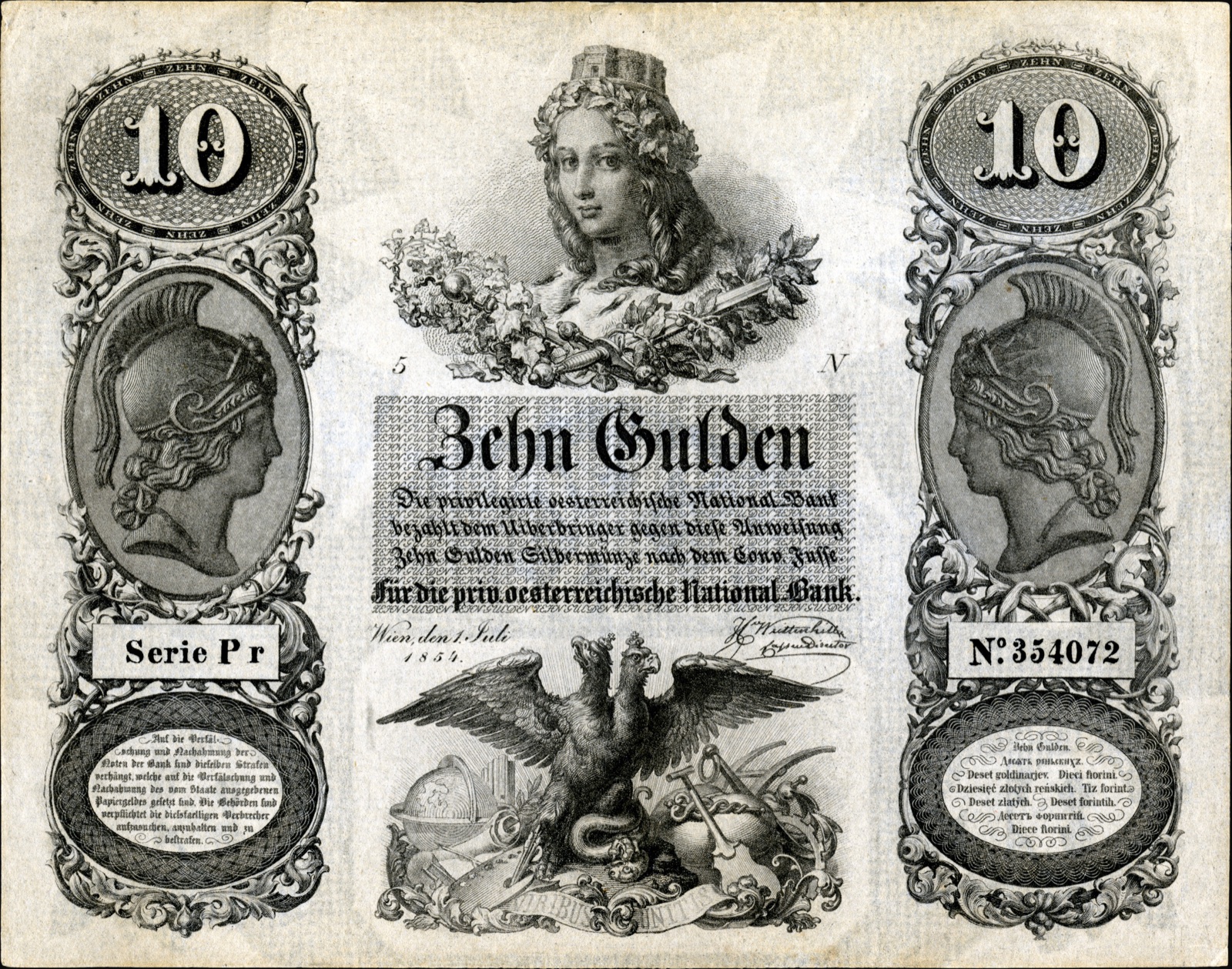 Ten-gulden note of the National Bank, Vienna, 1854, Novi Sad
