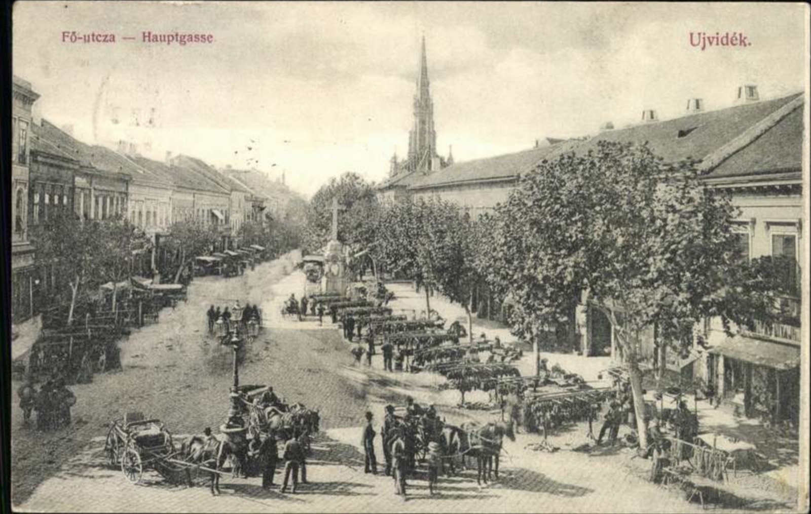 Market day on Main Street toward the Name of Mary church, Novi Sad, 1896–1918