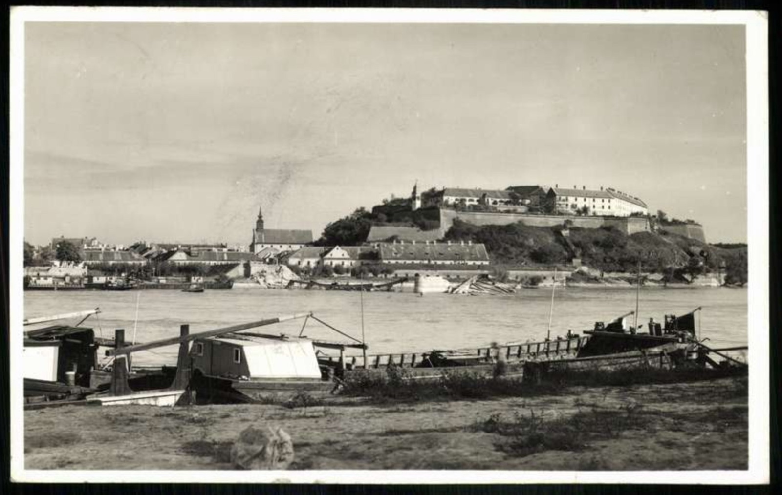 Petrovaradin Fortress, Barges Moored in a Flooded Danube, 1942, Novi Sad