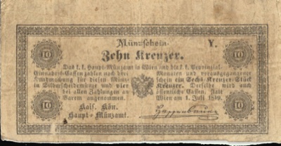Ten-kreuzer coin note of the Vienna mint, 1849, Novi Sad