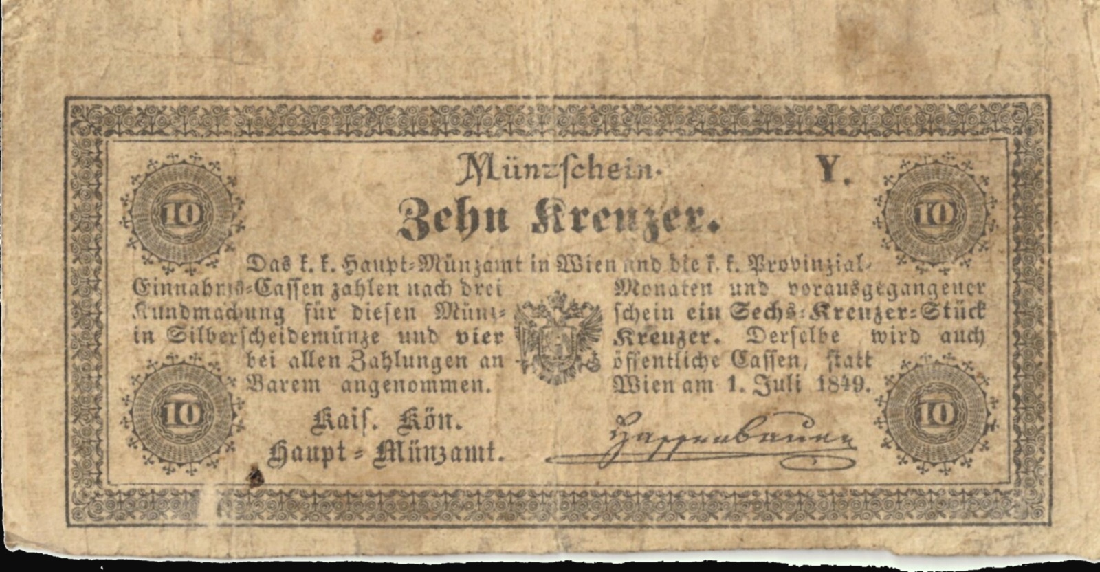 Ten-kreuzer coin note of the Vienna mint, 1849, Novi Sad