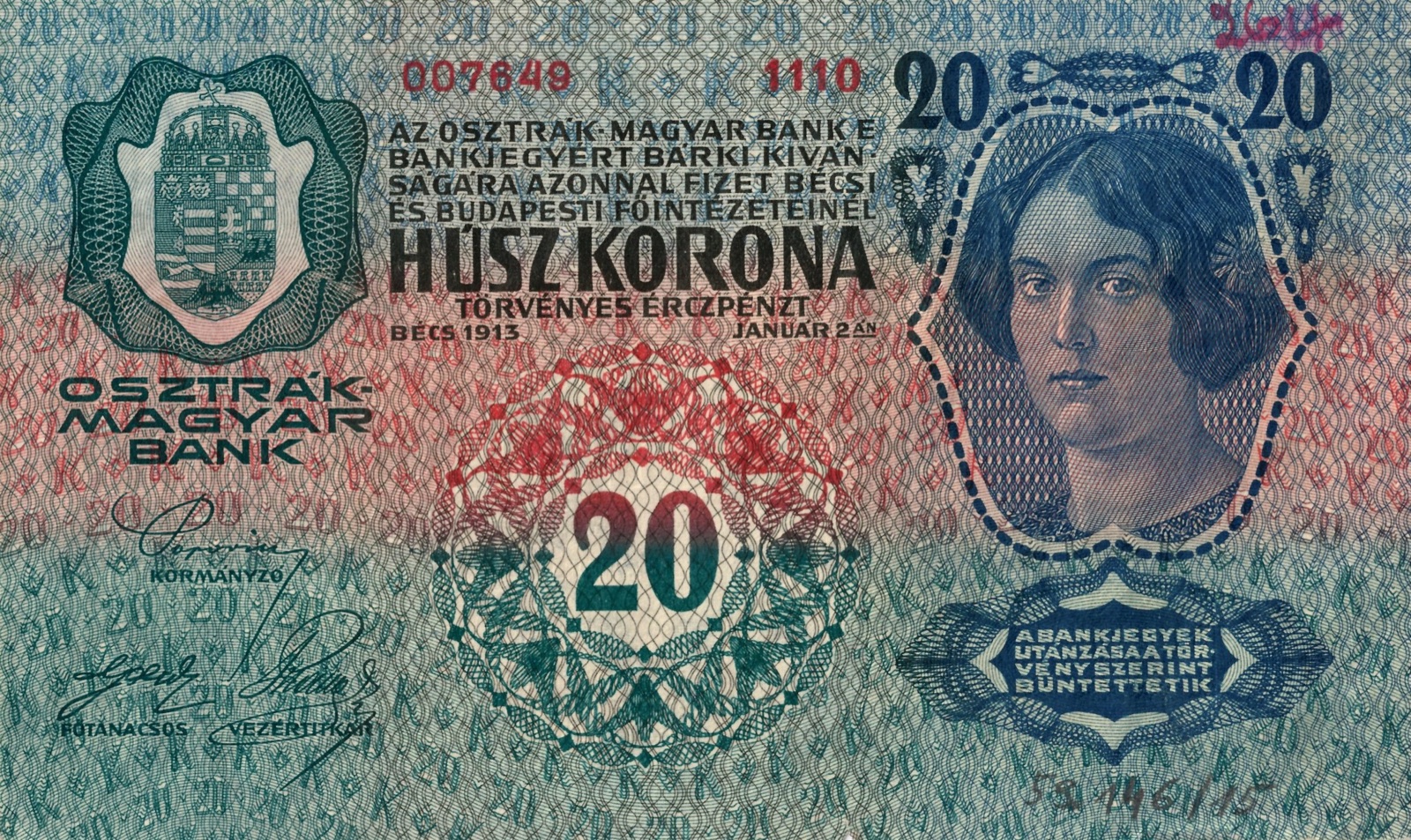 Ungarische Seite der Zwanzig-Kronen-Note, 1913, Neusatz