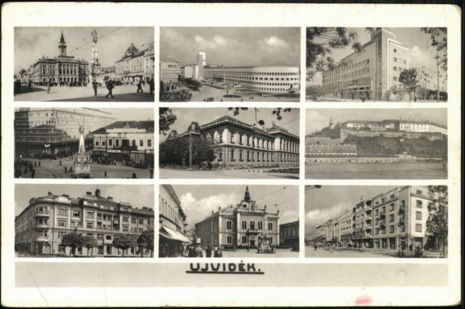 Neun Ansichten: Stadthaus, ein Säulengebäude und die Festung, Neusatz, bis August 1943