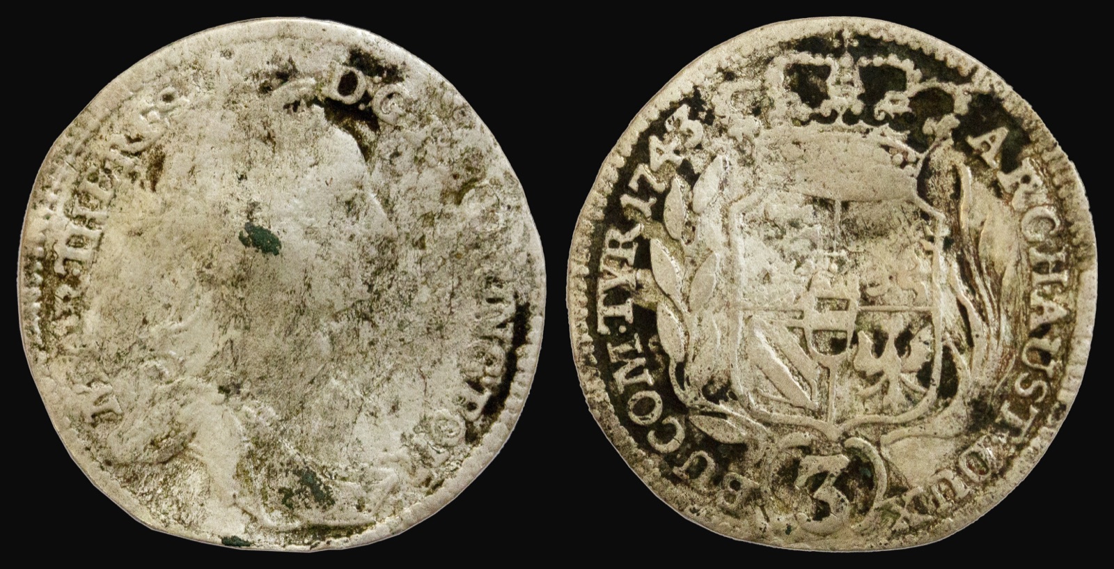 Silbernes Drei-Kreuzer-Stück Maria Theresias, 1743, Neusatz