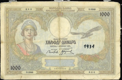 Thousand-dinar note with Queen Maria, 1931, Novi Sad