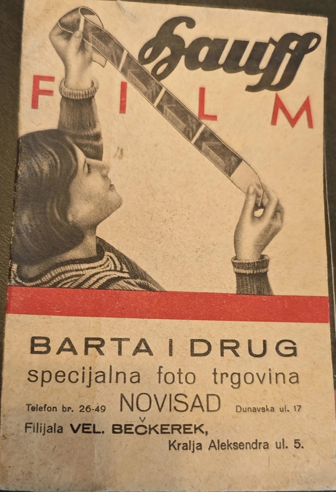 A film wallet from Barta and Partner's photographic shop, Novi Sad, 1918–1935