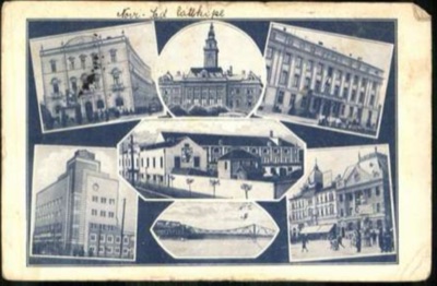 A Seven-Panel Greeting Card from Novi Sad, Centred on the Town Hall, by May 1931