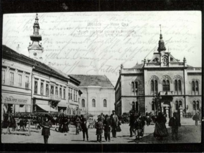 The Serbian Bishop's Palace, a Crowd Beneath a Written Message, Novi Sad, 1911.
