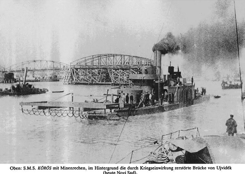 The monitor Koros with the wrecked bridge behind, Potiorek Bridge, Novi Sad, 1914–1918
