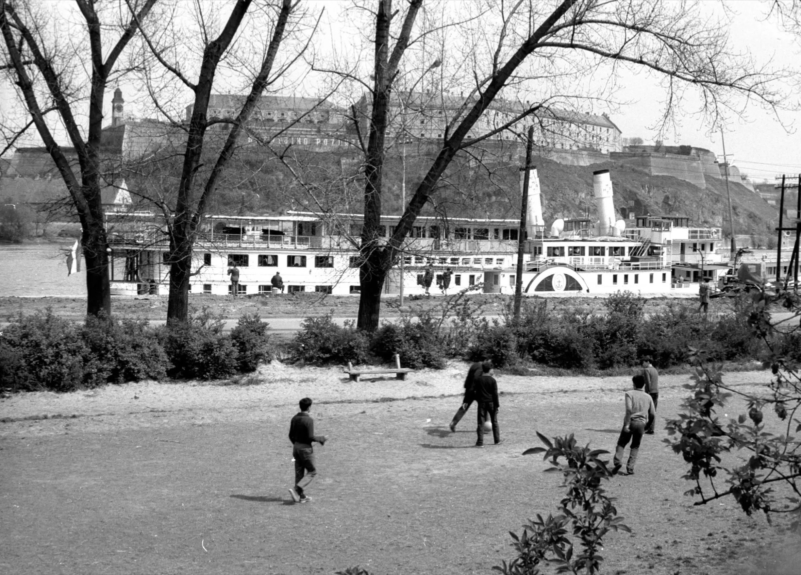 Football by the river, the fortress beyond, Danube Quay, Novi Sad, 1956-1969