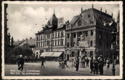 Liberation Square, Men Gathered by a Goodrich Advertisement, 1941, Liberty Square, Novi Sad