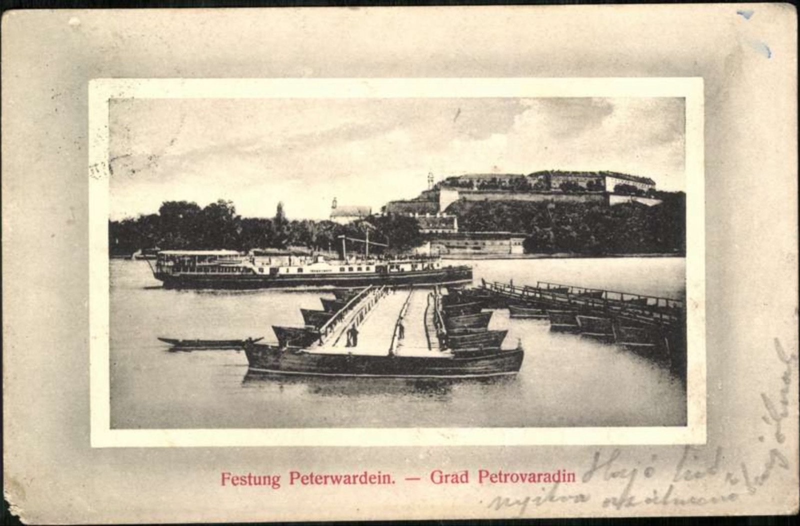 A rowboat approaches Petrovaradin Fortress, by September 1911