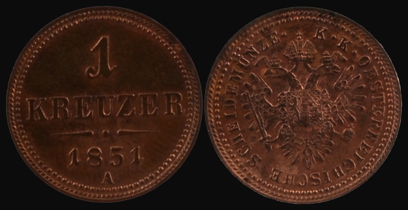 Ein-Kreuzer-Kupfermünze, Wien, 1851, Neusatz