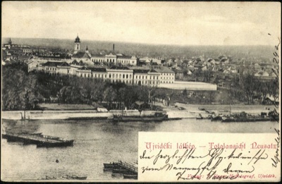The riverbank, with barges and a pontoon crossing, Pontoon Bridge, Novi Sad, by July 1903