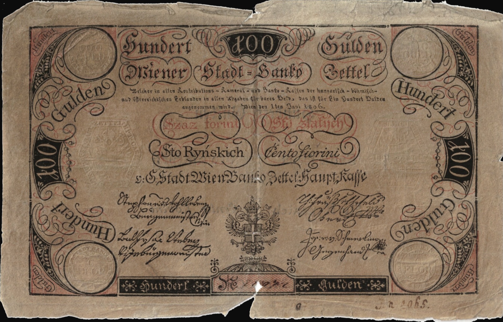 Hundred-gulden note of the Vienna City Bank, 1806, Novi Sad