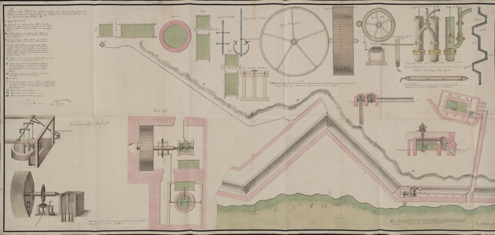 The Machine That Raised Danube Water to the Upper Fortress, Plan and Profile, Petrovaradin Fortress, about 1760